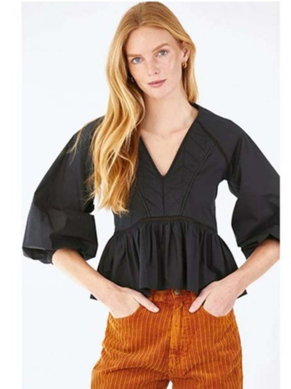 Hunter Bell Grayson V-Neck Peplum Blouson Sleeve Top in Black Size Medium
